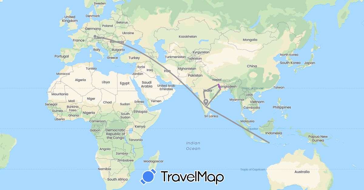 TravelMap itinerary: driving, plane, train in Germany, Indonesia, India (Asia, Europe)